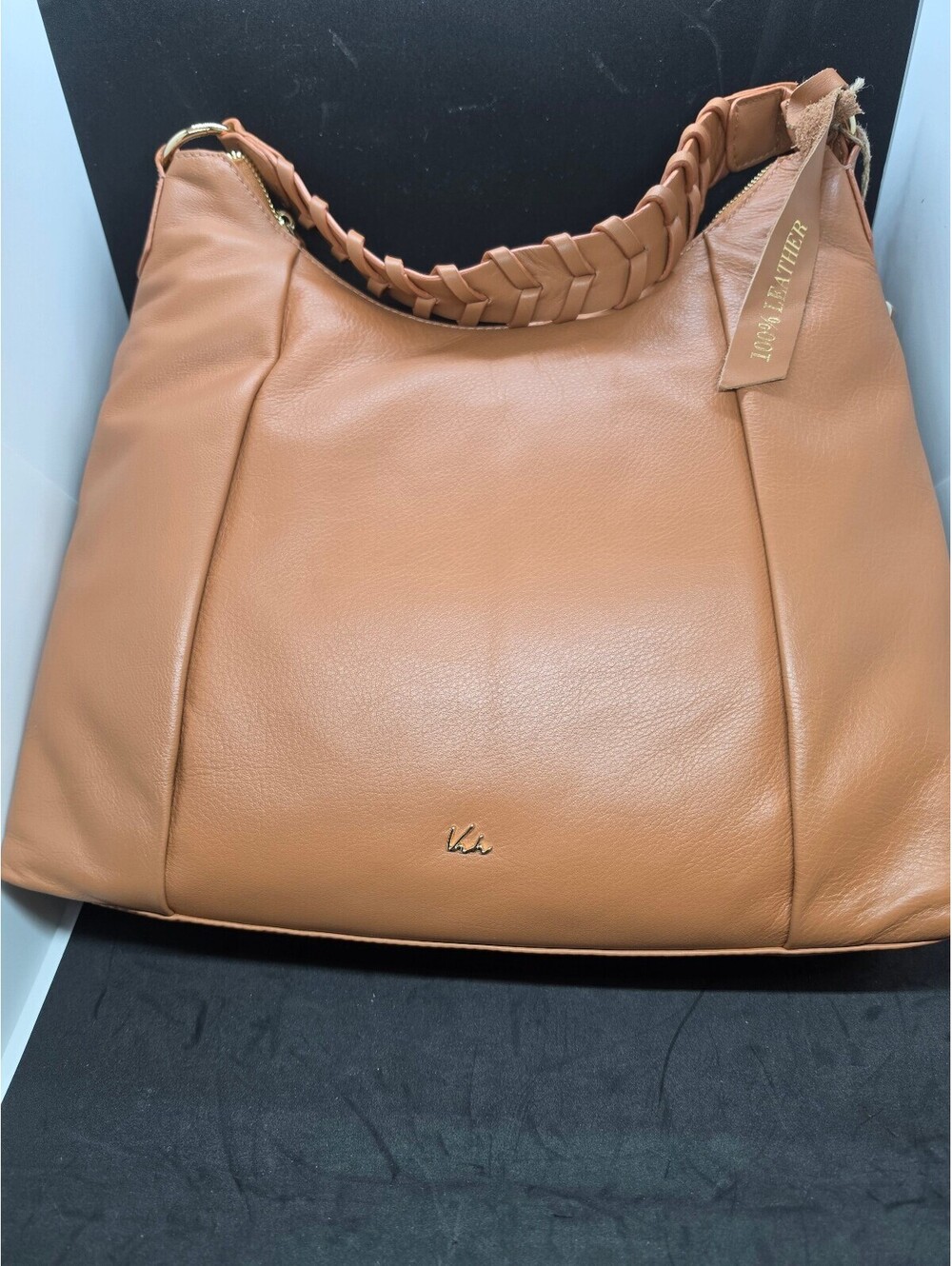 NEW w. tags, Cognac / Tan 100% Genuine Leather Shoulder Bag with Braided Handle